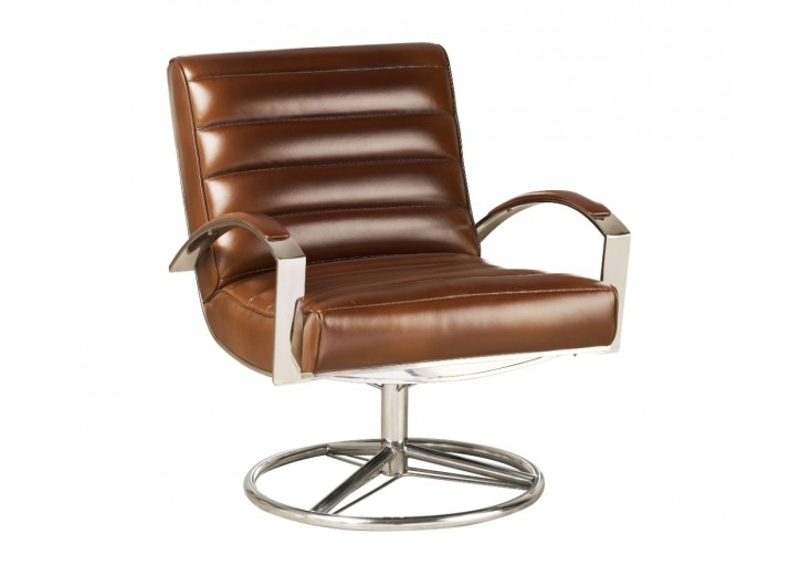 Fauteuil pivotant art deco design en cuir marron et inox