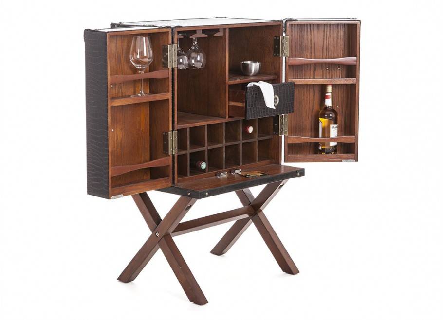 Meuble bar - Malle bar sur stand Cap Horn - Petit modèle - Simili cuir croco marron foncé